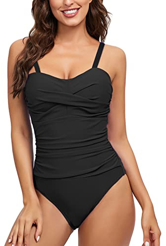 heekpek Femme Maillot de Bain 1 Pieces Bikini Ruché Monokini Vintage Maillot de Bain Taille Haut Push Up Réglable Sexy Monokini, Noir, Taille L