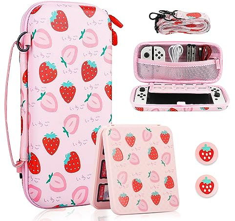 FANPL Carrying Case for Nintendo Switch & Switch OLED, Pink Cute Strawberry Travel Hard Protectiv Case for Switch with Adjustable Shoulder Strap, Game Case, Thumb Grips - Super Soft Plush Lining
