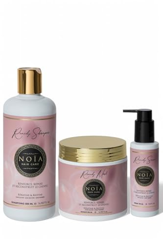 NOÏA HAIR – Coffret Prestige REMEDY – Shampoing + Masque + Sérum – Kératine & Biotine – Routine Réparatrice Anti-Casse & Fortifiante – Soin Professionnel Cheveux Abîmés