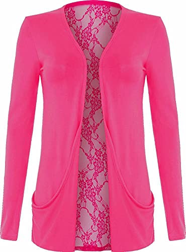 FAIRY TRENDZ LTD Ladies Back Lace Boyfriend Cardigan Womens Long Sleeve Open Front Pocket Party Cardigan Fuchsia UK 12-14