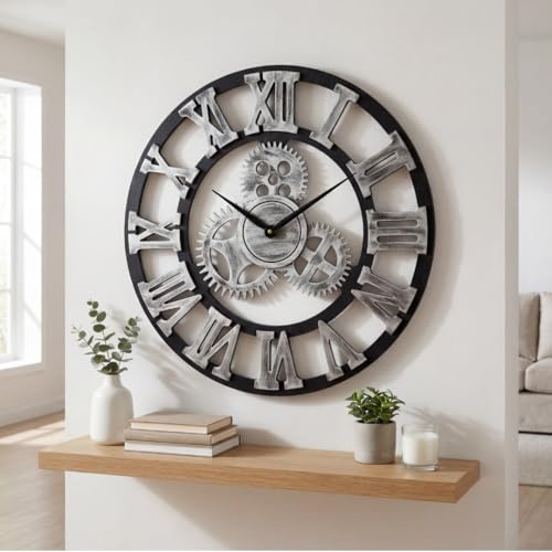 Heaven4you Large Gear Wall Clock 60cm Steampunk Roman Numerals Black Silver
