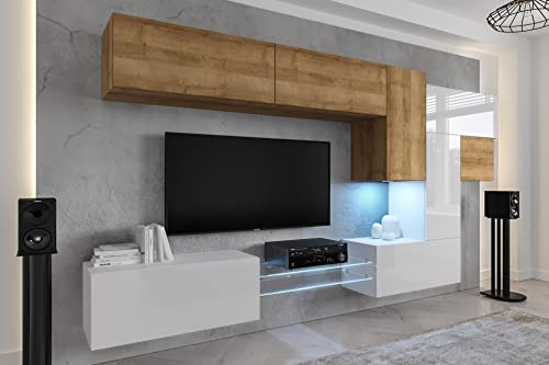 Ensemble Meuble TV Mural Suspendu Salon – Meuble Salon Design Moderne avec colonnes - Vitrines et rangements avec éclairage LED Blanche (AN92NEW-21DZW-HGM25)