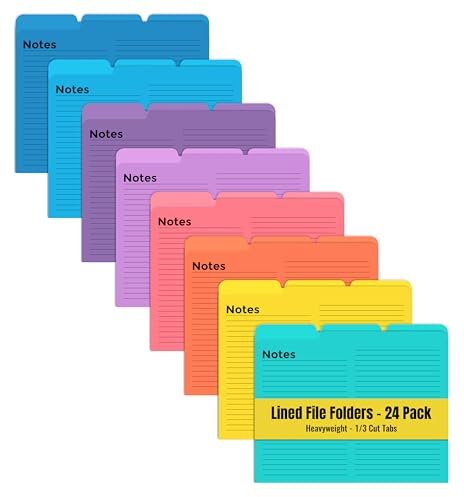 Better Office Products Lined File Folders, 24 Pack, Notes Tabbed File Folders, 1/3 Cut Tabs, 8 Vibrant Colors, Heavyweight, Letter Size Folders, 9.5 x 11.5, Left/Center/Right Set Per Color,