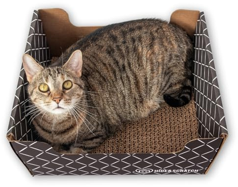 Hide & Scratch Cardboard Cat Scratcher Box & Bed - Dark Brown Diamond | Double-Sided Corrugated Pad for Indoor Cats | Refillable Scratching Board Toy for Play & Furniture Protection