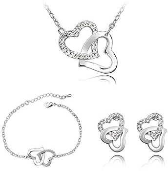 FDEETY Schmuckset Silber 925 Damen Glanz Kristall Herzform Kette Halskette Ohrringe Armband Schmuck Sets Geschenke für Frauen