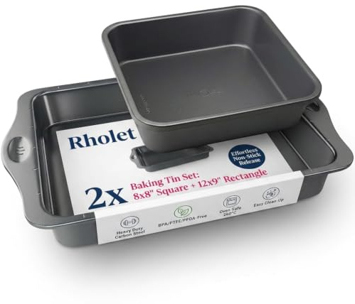Rholet Brownie Baking Tin and Trays Set of 2 | Square and Rectangle| Roasting tin Your Ultimate Baking Companion for Perfect Delights. 12x9 Inch and 8x8 Inch | Professional Carbon Steel Traybake Pans for Brownies, Lasagna & Roasting - BPA & PFOA Free