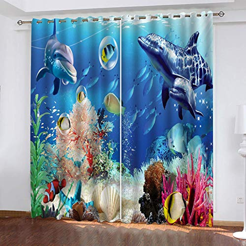 Rideau Chambre Enfant Bebe Fille Garcon Adultes Ado 3D Dauphin Animal Marin Rideaux Occultants Thermiques Isolants Anti Chaleur Rideau À Oeillets L 75 X H 160 cm Lot De 2 Rideau Fenetre Phonique