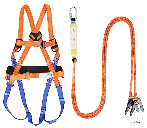 Btstil Fallschutz Auffanggurt, Absturzsicherung Sicherheitsgurt Set 5 Punkt Vollkörper Auffanggurt mit Sicherheitsseil Puffer für Outdoor Baumklettern Bergsteigen Rettungsdienst (Orange)