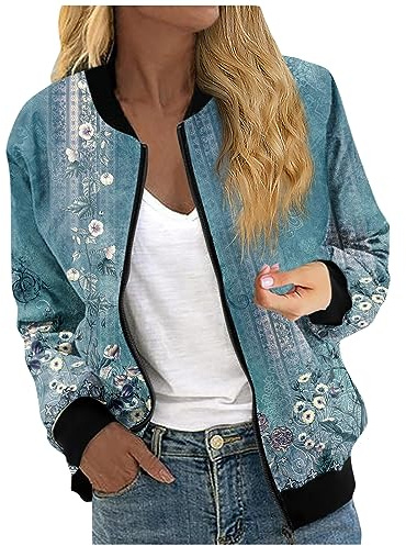 Ladies Jackets Size 18 Waterproof Jackets Women Bed Jackets For Women Pattern Printed Crew Neck Bomber Jacket With Pockets Zip Up Running Jacket Lightweight Motorbike Jackets Ladies Waistcoats Blue Xl