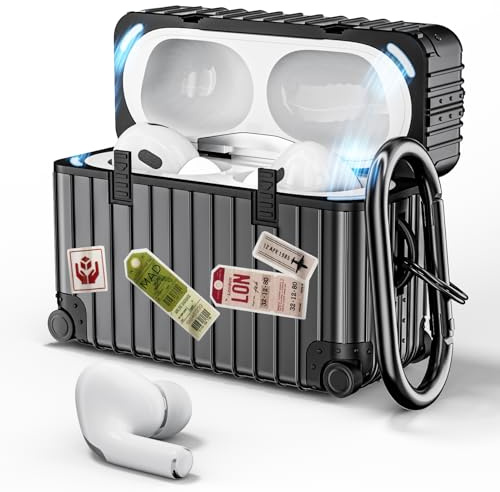 VISOOM für Airpods Pro 2 & 1 Hülle mit Karabiner, Matt Schwarz | niedlich Suitcase stoßfeste TPU Schutzhülle für Airpods Pro 2 Case Mit DIY-Aufklebern, Front-LED Sichtbar,Kabelloses Laden