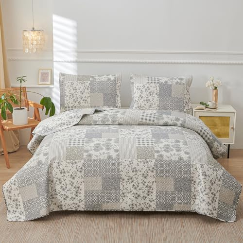 Hailea Plaid Quilt King Size White Flower Patchwork Bedding Lightweight Buffalo Checkered Bedspread Coverlet All Season Home Bedding Decor with 2 Pillowshams