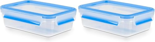 Emsa 508539 Clip & Close | Rechteckige Frischhaltedose | mit Deckel | 0.8 Liter | Transparent/Blau (Packung mit 2)
