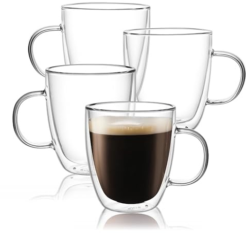 CNGLASS Large Glass Coffee Mugs 17oz,Double Walled Insulated Clear Coffee Cups with Handle,Clear Espresso Mugs for Cappuccino,Latte,Tea Bags,Hot and Cold Beverages,Set of 4