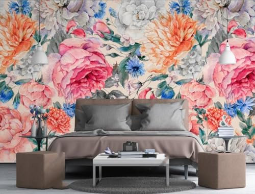 Fototapete Blumen 3D Tapeten 3D Effekt Wohnzimmer Schlafzimmer Vliestapete Abstrakte Handgemalte Rote Pfingstrosenblüte Im Vintage-Stil Natur Grau Graffiti Steinoptik Kinder Tapeten