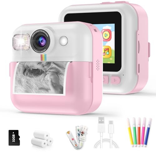 Kinderkamera Sofortbildkamera,Sofortbildkamera Kinder,1080P Digitalkamera Kinder mit 32GB Karte Druckpapier,Geburtstags Weihnachten Geschenke für Jungen und Mädchen 3-12 Jahre(Rosa)