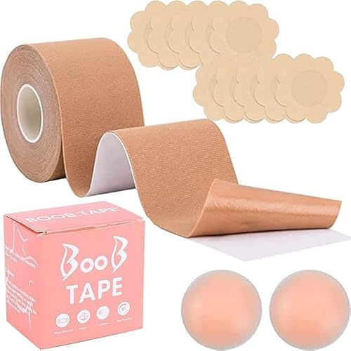 DMJJSD® Brust Tape Klebe BH Push Up Boob Tape Set für Klebe BH Große Brust Rückenfrei Bruststraffung Band Mit 5 Paar Breast Boob Tape & 1 Paar Wiederverwendbarem Silikon für Körbchengrößen A-G