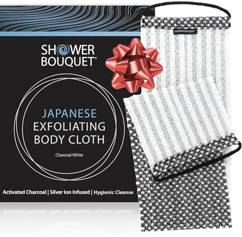 Japanese Exfoliating Washcloth for Back & Body - Charcoal & Silver Ion Exfoliating Towel with Handles - Two-Sided Gentle Exfoliation & Deep Cleansing Soft Body Wash Cloths for Shower - White