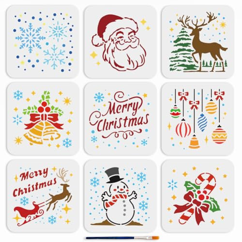 MAYJOYDIY 9 Weihnachts Schablonen Vorlage 15 × 15cm Kugel Schneeflocke Weihnachtsmann Glocke Rentier Schablone Mit Pinsel Frohe Weihnachten Vorlage Für Fensterglas Weihnachtskarten Geschenke