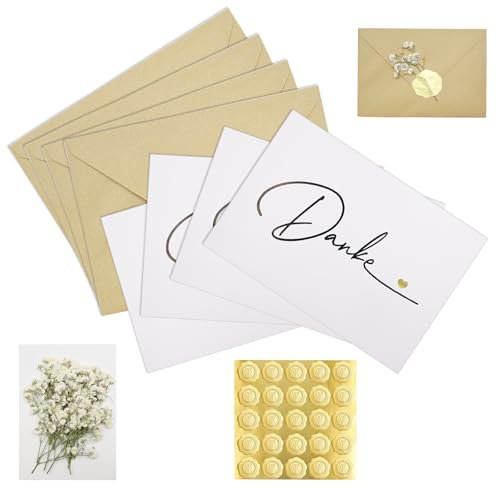 LOREC 100 Stück Danke Karte Set, 25 Klassische Dankeskarten mit 25 Kraftpapier Briefumschläge 25 Gold Siegel Aufkleber und 25 Schleierkraut Getrocknet Karte Danke für Kollegen Freunde Familie Lehrer