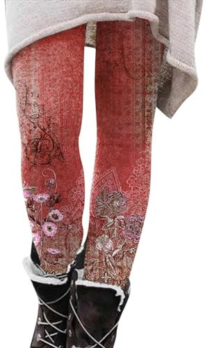 Damen-Leggings mit hoher Taille, Workout, Bauchkontrolle, modisch, schmal, bedruckt, für Herbst und Winter, bequeme Freizeithose, Damenunterhose, Damen-Slip, Unterwäsche, Baumwolle, rot, L