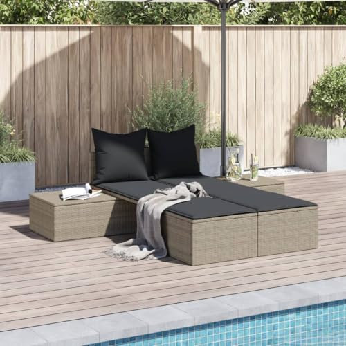 Somanki Doppel-Sonnenliege mit Kissen Hellgrau Poly Rattan, Gartenliege, Liegestuhl, Sonnenstuhl, Sonneninsel Outdoor, Liegen, Gartenmöbel, Bäderliege, Relaxliege - 368394