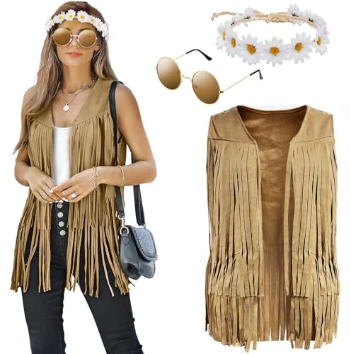 Oneshlee Hippie Kostüm Damen Fransenweste Hippie Weste Damen Ärmellos Mit Brille Stirnband, Faschingskostüme Karneval Kostüm (M)