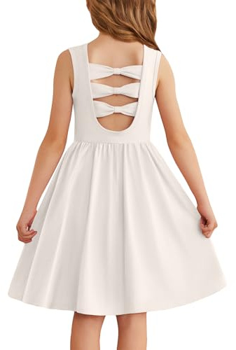 Arshiner Ragazze Abito Senza Maniche Bambini Estivo Indietro Bow Tie Vestito Cotone Casual Festivo Vestito Maniche Corte Swing Abiti da Festa per Ragazze 3-14 Anni