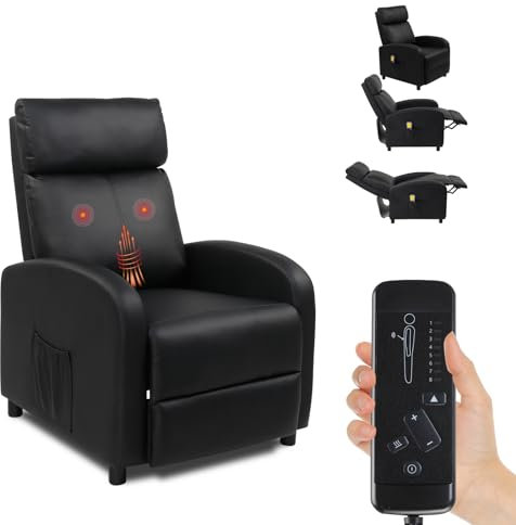 Bonnlo Chair Recliners, Recliner Chair with Massage & Heat, Oversized Recliners Armchair Lounge Sofa Adjustable Leg Rest, Side Pocket, for Home Living Room Theatre (Black PU)