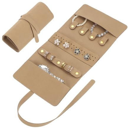 Sourcing Map Portagioie da viaggio, color cachi, organizer pieghevole per gioielli con chiusura a cravatta, rotolo di velluto in microfibra per gioielli, per donne, collane, orecchini, anelli