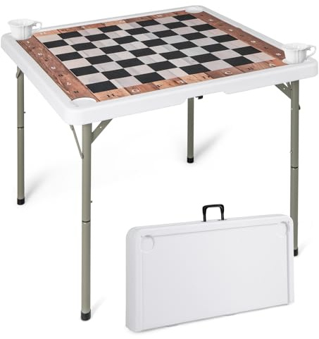 COSTWAY Folding Chess Table, 90cm Square Card Table with Removable Game Mat, 4 Cup Holders, HDPE Tabletop, Metal Legs, Portable for Party, Picnic, Camping