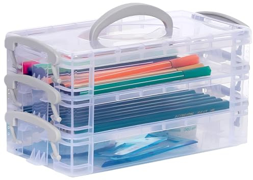 Qualsen Astuccio con Maniglia, Set di 3 Scatole Impilabili Portapenne, Trasparente Plastica Portapenne da Scrivania, Astuccio Grande Capacità, Ideale per Organizzare Ufficio e Casa