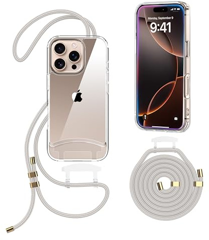 OLEPHY Handykette mit Band für iPhone 15 Pro Hülle, Beige | Verstellbarem und Demontage Band, Transparente Case mit Kordel für Outdoor & Wanderungen | Freiheit für Hände,
