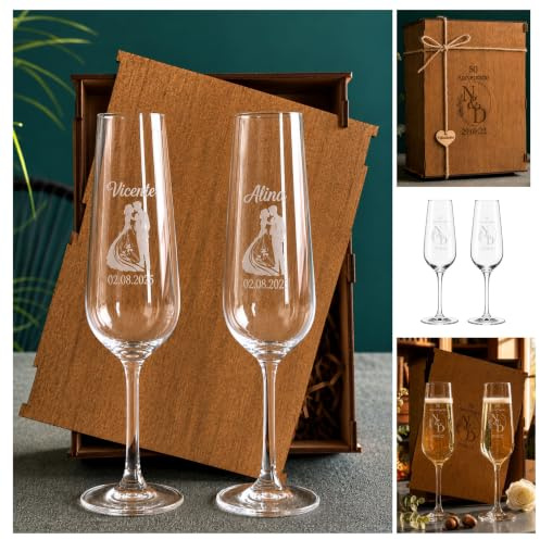 Olesea Copas Personalizadas Set de 2 Grabadas con Nombres | Regalo para Boda, Novios, Bodas de Oro o Aniversario | Estuche de Lujo Incluido (2 Copas Boda)