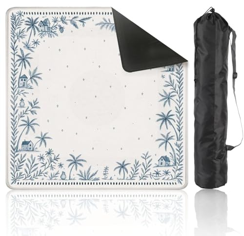 DERUINVAIO Mahjong Mat 80x80cm Blue White Coastal Village Border Palm Trees Mah Jong Set Game Table Cloth Noise Reduction Non-Slip Portable Table Cover for Card Poker Board Tiles Games
