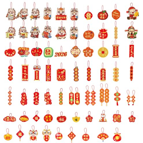 72pcs Chinese New Year Hanging Decoration Double-Sided Printing Year of The Horse Knot Hanging Pendant Spring Festival Red Hanging Ornaments for Home Office Trees Decor