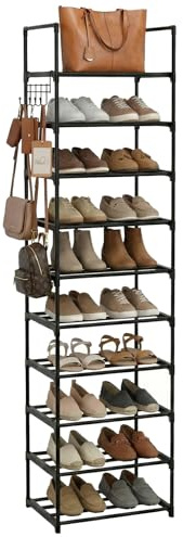 Ribech Estantería para Zapatos 10 Niveles con Ganchos – Estantería de Acero Ajustable, Estantes Extraíbles para Botas, Ahorra Espacio para Recibidor & Salón, Negro (40x30x175 cm)