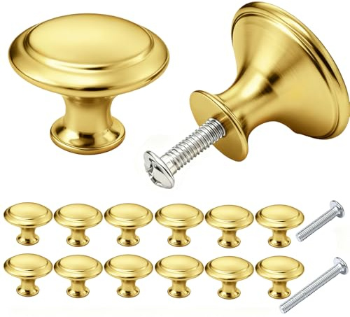 DOINEUFL 12 PCS 30mm Cupboard Knobs and Handles-(Black Gold Silver) Round Handle for Kitchen Cabinet & Draws,Wardrobe,Antique Furniture Hardware (Gold)
