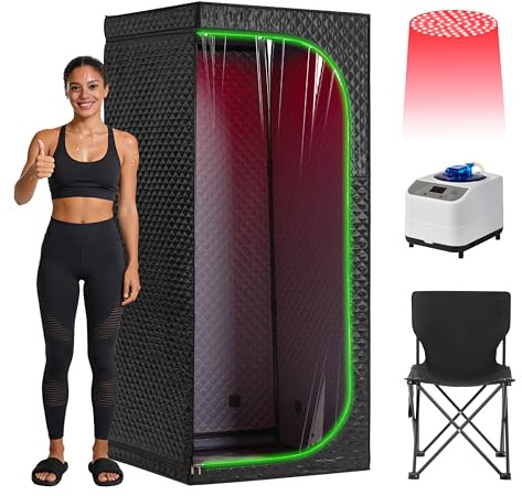 Infrared Steam Sauna Tent for Home with Transparent Door, 3L Fast Heating Steamer, Red Light Therapy, 9 Heat Levels & 60 Min Timer, 5-Layer Insulated Portable Indoor Sauna with Chair (Black)