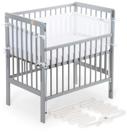 FabiMax Boxspring Baby Beistellbett Flex 90x55, aus Buchenholz grau lackiert, mit innovativem verstellbarem Seitengitter, passend für Boxspringbetten (Matratze Classic, Weiß)