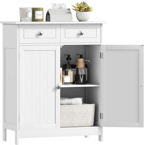 kleankin Meuble de Salle de Bain, Meuble de Rangement avec 2 tiroirs, Placard Double Porte et étagère réglable, Armoire Salle de Bain, Salon, Chambre, 60 x 30 x 75 cm, Blanc