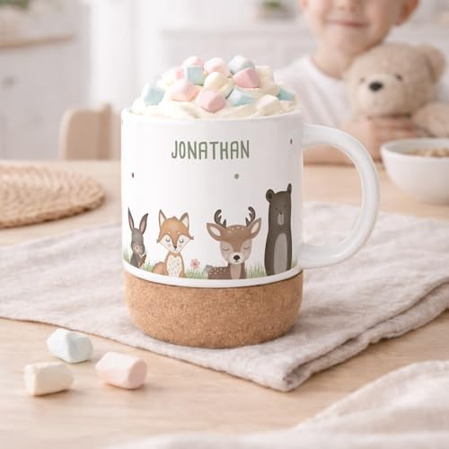 hellomini Personalisierte Tasse mit Korkboden für Kinder, Kindertasse mit Wunschdruck, Kinderbecher mit Namen, Geschenk zum Geburtstag, (Wald)