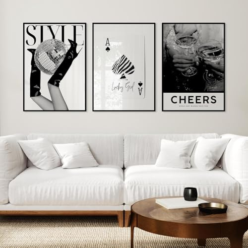 Xiyocadt 3er Poster Set, Moderne Trendiger Schwarz Weiß Leinwanddruck, Cocktai Disco Pik Ass Cheers Wandbilder Poster, für Schlafzimmer Wohnzimmer Deko, Ohne Rahmen (50x70cm)