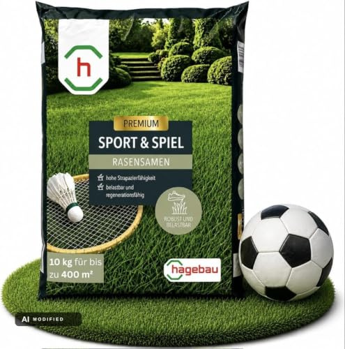 HAGEBAU Sport und Spielrasen 10 kg – Rasensamen schnellkeimend für bis zu 400 m² – Grassamen schnellkeimend zur Reparatur kahler Stellen – dichter & strapazierfähiger Rasen – Rasennachsaat