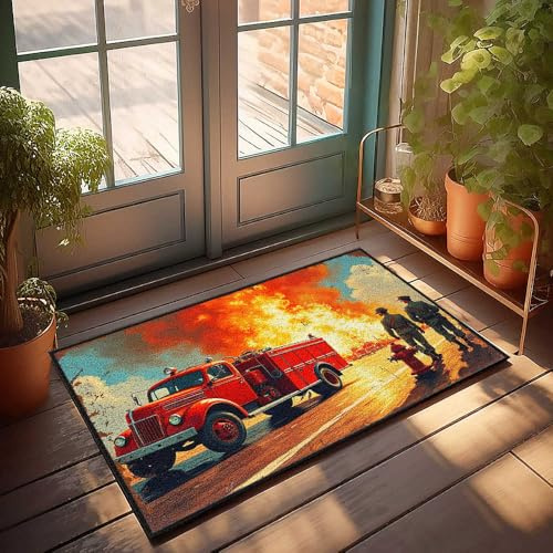 FZFN Waschbarer Läufer Vintage Feuerwehrauto reagiert auf epische Blaze – Shaggy Sweet Home rutschfester Badteppich, perfekt für den freien Innenbereich (50 x 80 cm)