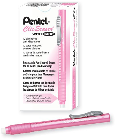 Pentel Clic Eraser Grip, Retractable Eraser, Pink Barrel, Box of 12 (ZE22P)
