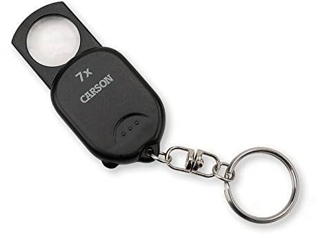 Carson 7x Keyring Magnifying Glass – Ultra Compact Pop-UpMagnifier with Aspheric Lens, Protective Case and Spring-Loaded Button for Fine Print, Coins, and Everyday Use(GN-70)