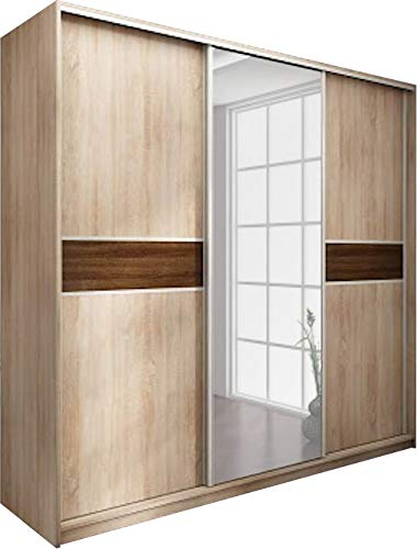 FurnitureByJDM Großer Kleiderschrank mit Spiegel und Schiebetüren – Moderner Schiebetürenschrank mit Regalen (220x65x216 cm) – Kleiderschrank 3 Türen (Eiche Sonoma Hell/Dunkel - Puerto)