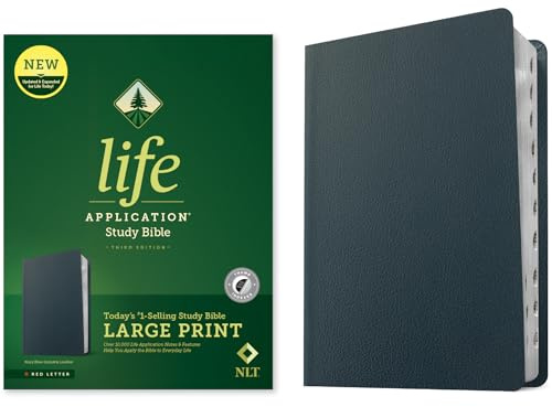 NLT Life Application Study Bible, Third Edition, Large Print: New Living Translation, Navy Blue, Genuine Leather, Life Application Study, Indexed, Red Letter, With Ribbon Marker