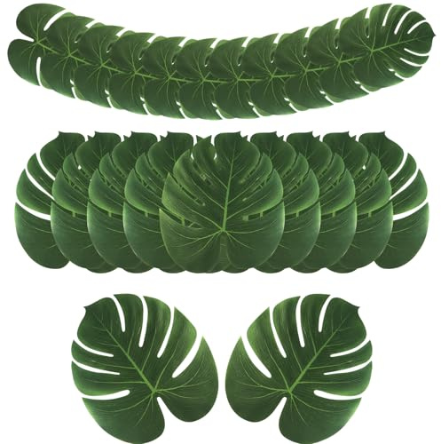 AerWo 48 Pcs Palm Leaves, Artificial Tropical Monstera Fake Leaves, Fake Palm Leaf for Safari Jungle Hawaiian Dinosaur Luau Party Table Decor Wedding Birthday Theme Greenery Party Table Decorations