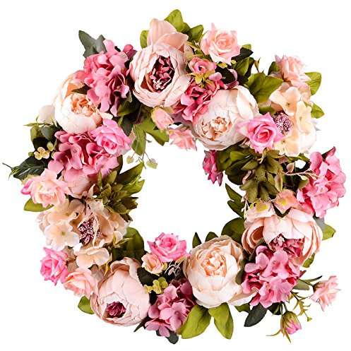 Lvydec Artificial Peony Flower Wreath - 15 Pink Flower Door Wreath Spring with Green Leaves for Front Door, Wedding, Wall, Home Decor